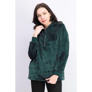 Ideology NWT Womens Dark Green Faux Fur Long Sleeve Hoodie Sweatshirt Size XS